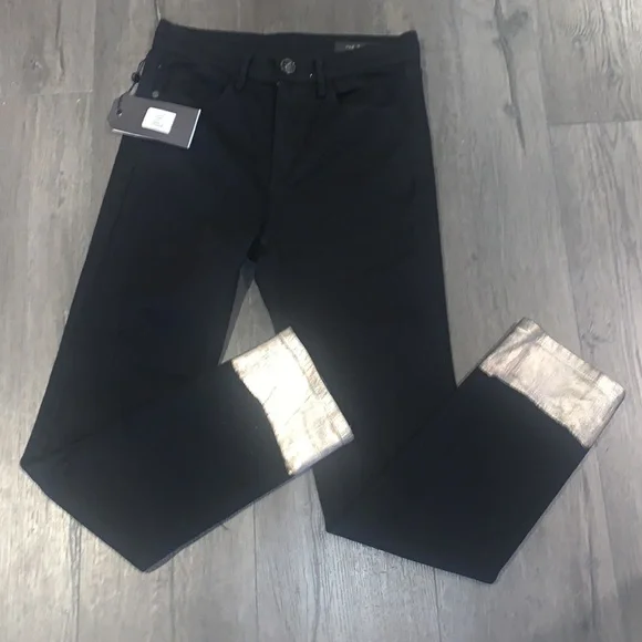 Rag & Bone NWT Bilbury Ankle Cigarette Metallic Hem Jean Size 25 Black/Gold - Picture 7 of 14